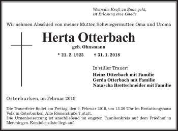 Traueranzeige von Herta Otterbach von Fränkische Nachrichten