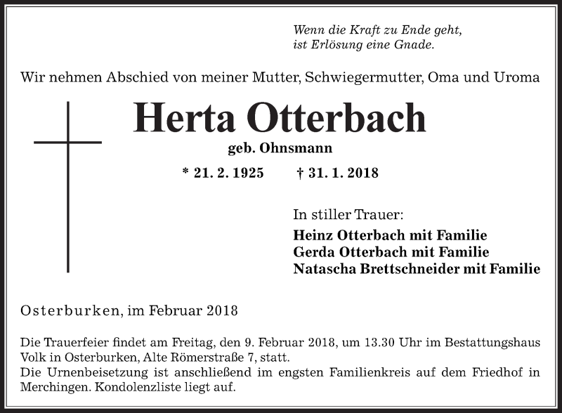  Traueranzeige für Herta Otterbach vom 06.02.2018 aus Fränkische Nachrichten