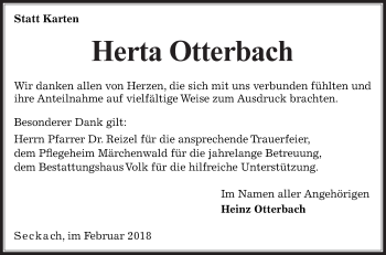 Traueranzeige von Herta Otterbach von Fränkische Nachrichten