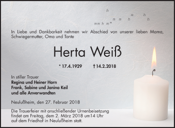 Traueranzeige von Herta Weiß von Schwetzinger Zeitung