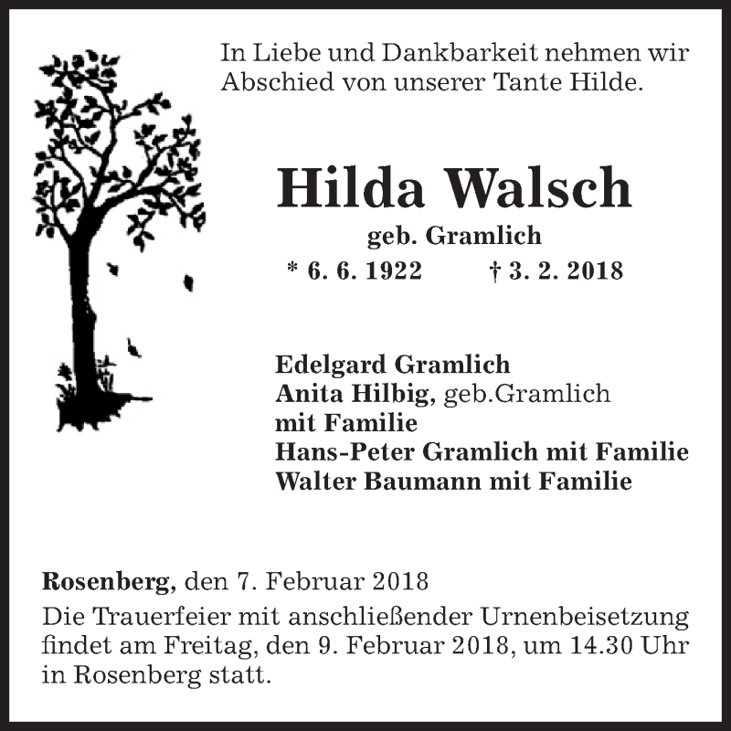  Traueranzeige für Hilda Walsch vom 07.02.2018 aus Fränkische Nachrichten