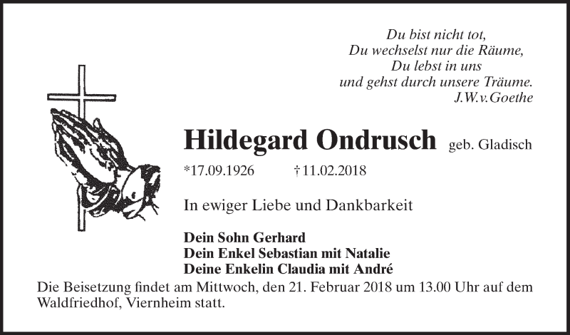  Traueranzeige für Hildegard Ondrusch vom 21.02.2018 aus Mannheimer Morgen