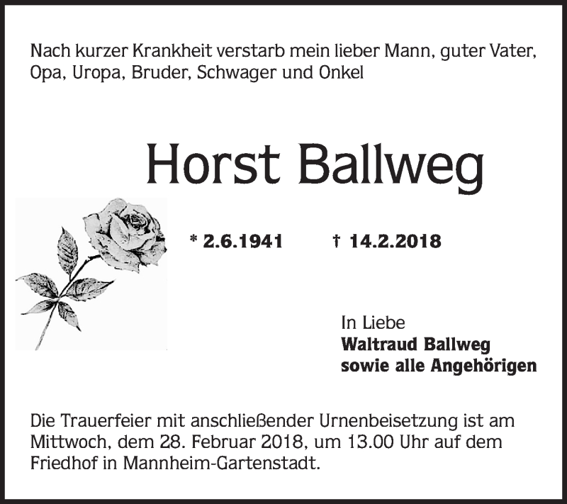  Traueranzeige für Horst Ballweg vom 24.02.2018 aus Mannheimer Morgen