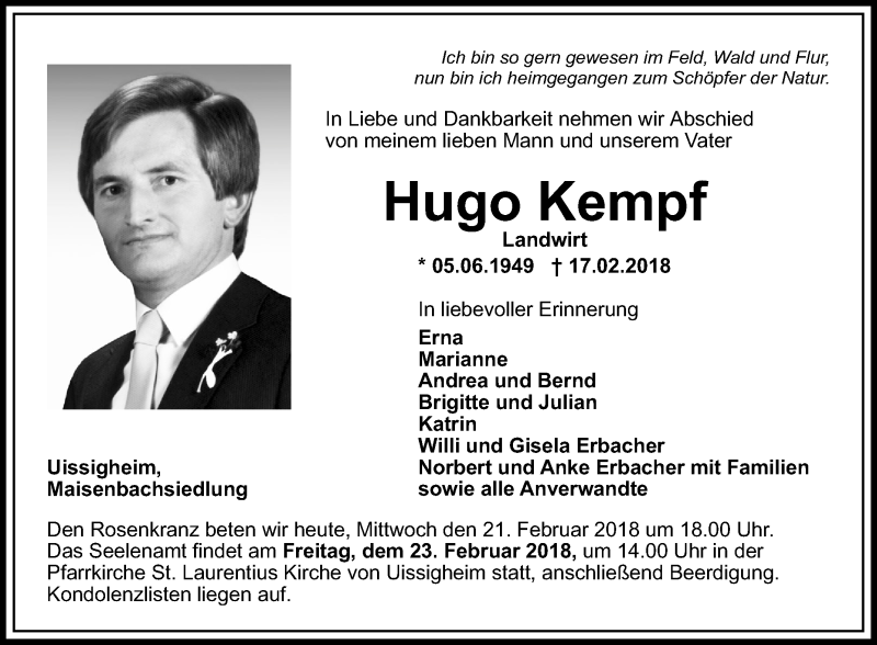  Traueranzeige für Hugo Kempf vom 21.02.2018 aus Fränkische Nachrichten