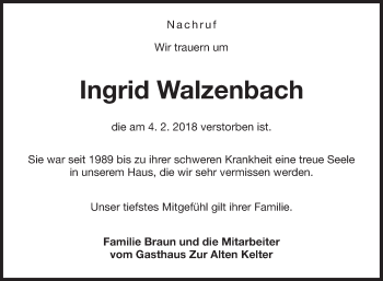 Traueranzeige von Ingrid Walzenbach von Fränkische Nachrichten