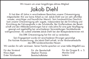 Traueranzeige von Jakob Diehl von Bergsträßer Anzeiger
