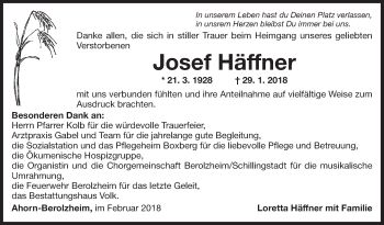 Traueranzeige von Josef Häffner von Fränkische Nachrichten