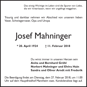 Traueranzeige von Josef Mahninger von Mannheimer Morgen