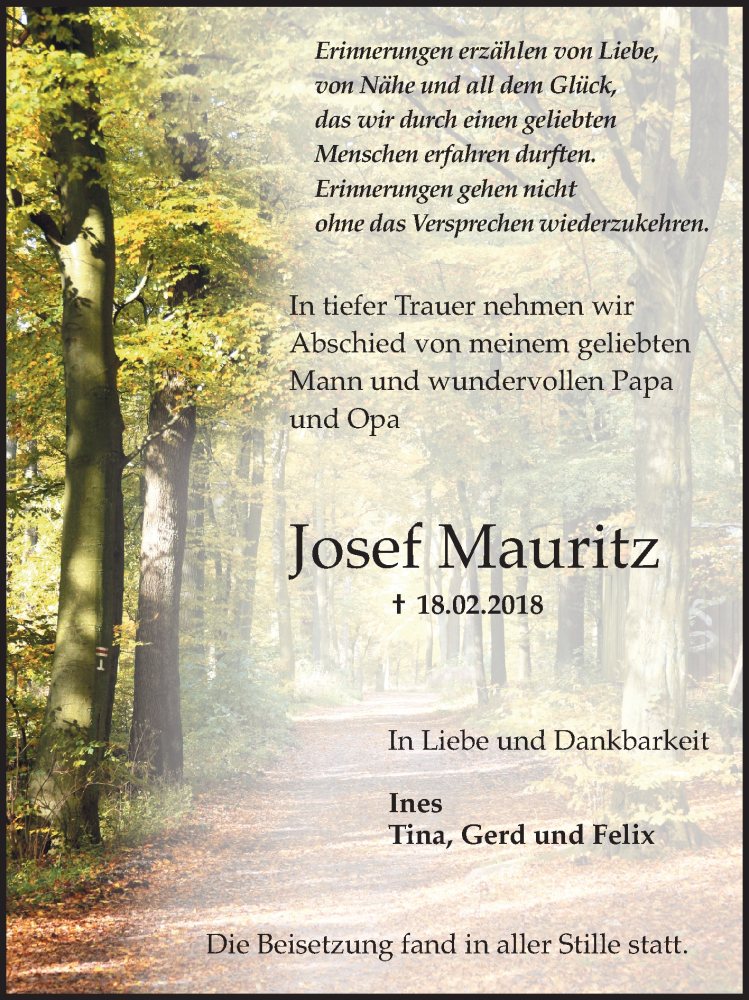  Traueranzeige für Josef Mauritz vom 01.03.2018 aus Schwetzinger Zeitung