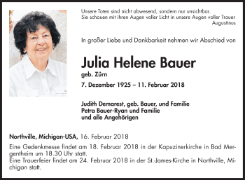 Traueranzeige von Julia Helene Bauer von Fränkische Nachrichten