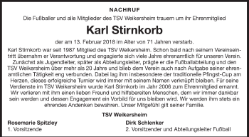 Traueranzeige von Karl Stirnkorb von Fränkische Nachrichten