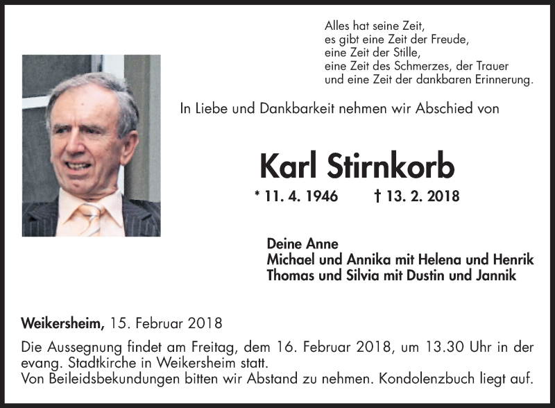  Traueranzeige für Karl Stirnkorb vom 15.02.2018 aus Fränkische Nachrichten