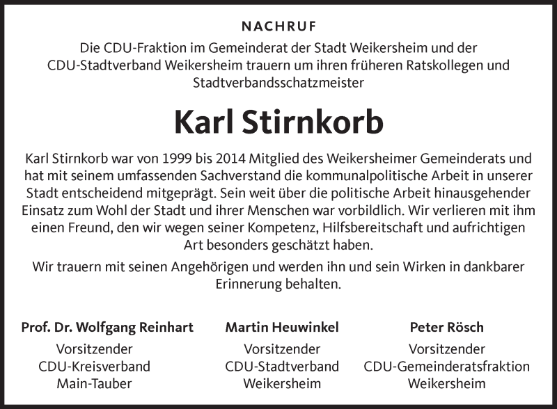  Traueranzeige für Karl Stirnkorb vom 16.02.2018 aus Fränkische Nachrichten