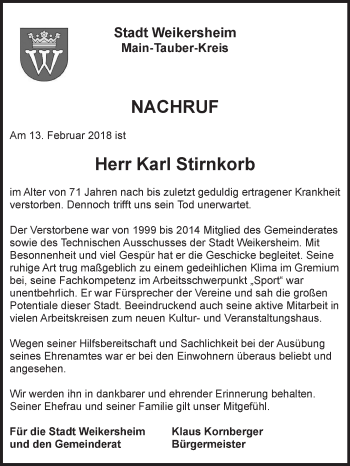 Traueranzeige von Karl Stirnkorb von Fränkische Nachrichten