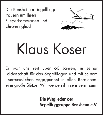 Traueranzeige von Klaus Koser von Bergsträßer Anzeiger