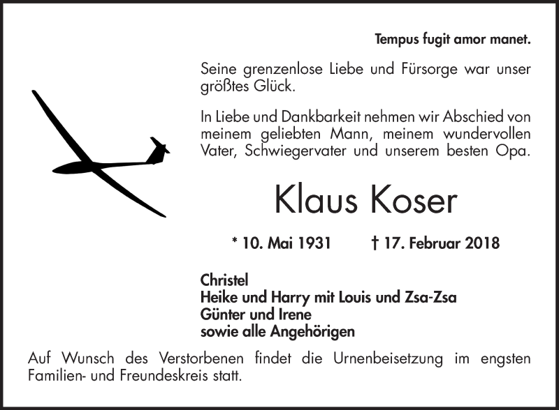  Traueranzeige für Klaus Koser vom 24.02.2018 aus Bergsträßer Anzeiger