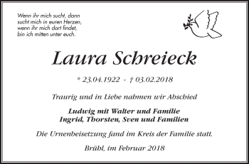 Traueranzeige von Laura Schreieck von Schwetzinger Zeitung