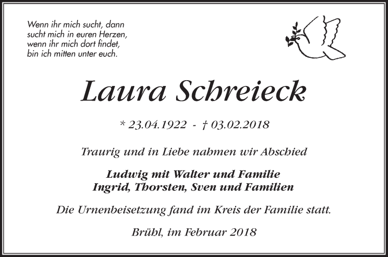  Traueranzeige für Laura Schreieck vom 14.02.2018 aus Schwetzinger Zeitung