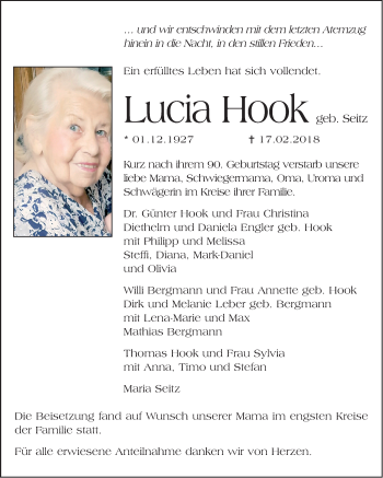 Traueranzeige von Lucia Hook von Südhessen Morgen