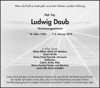 Traueranzeige von Ludwig Daub von Schwetzinger Zeitung