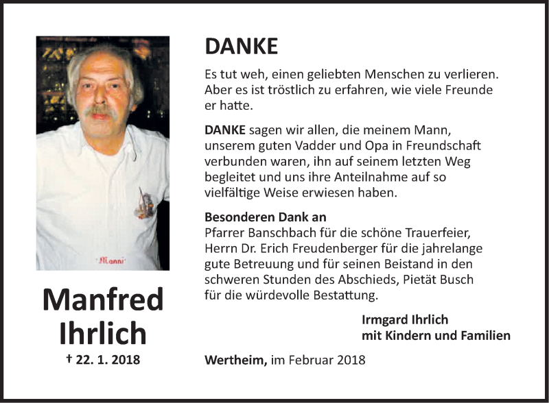  Traueranzeige für Manfred Ihrlich vom 20.02.2018 aus Fränkische Nachrichten