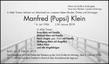 Traueranzeige von Manfred Klein von Mannheimer Morgen / Schwetzinger Zeitung