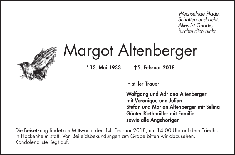  Traueranzeige für Margot Altenberger vom 10.02.2018 aus Schwetzinger Zeitung