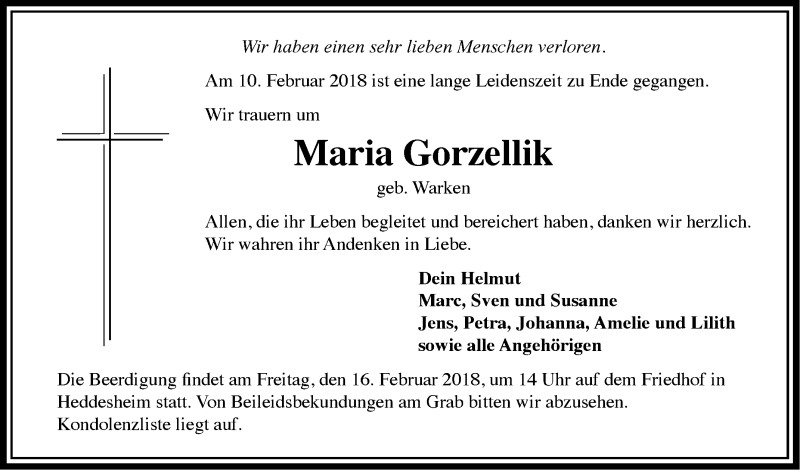  Traueranzeige für Maria Gorzellik vom 14.02.2018 aus Mannheimer Morgen
