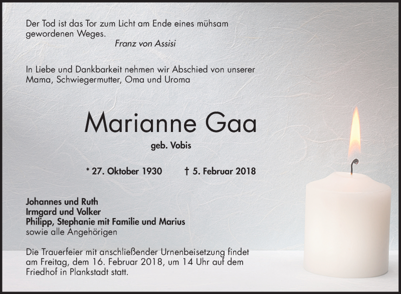  Traueranzeige für Marianne Gaa vom 10.02.2018 aus Schwetzinger Zeitung