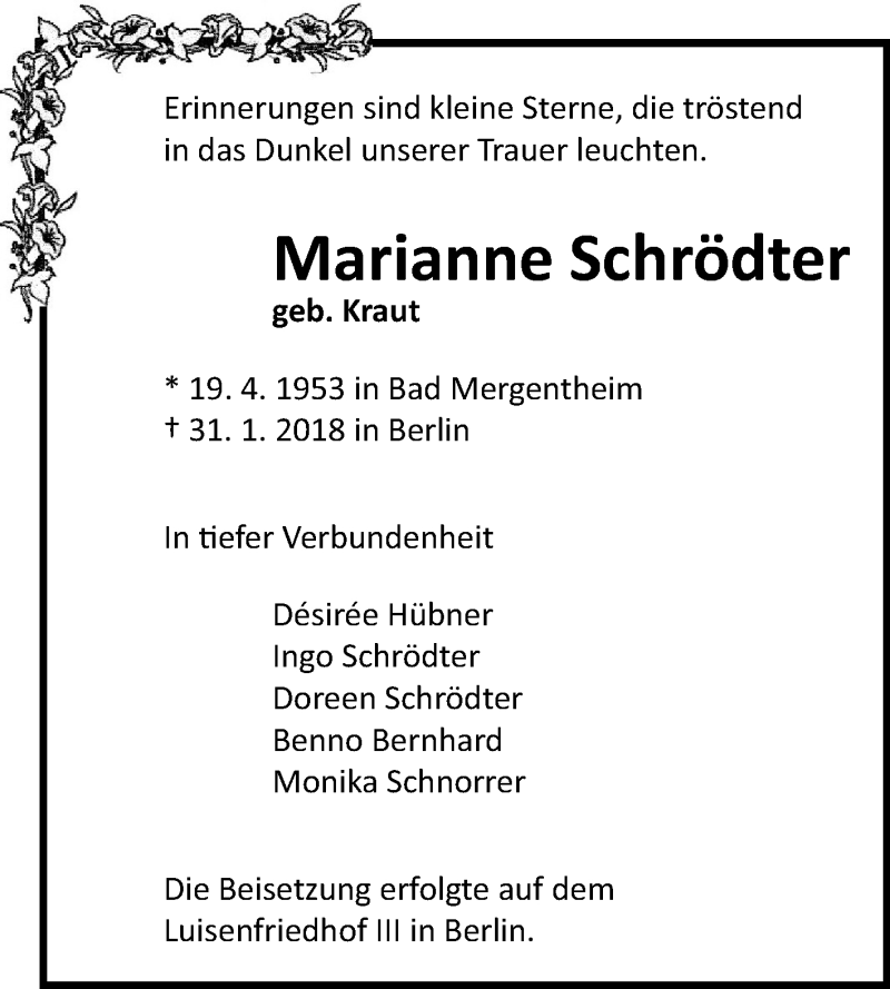  Traueranzeige für Marianne Schrödter vom 22.02.2018 aus Fränkische Nachrichten