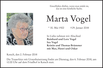 Traueranzeige von Marta Vogel von Mannheimer Morgen / Schwetzinger Zeitung