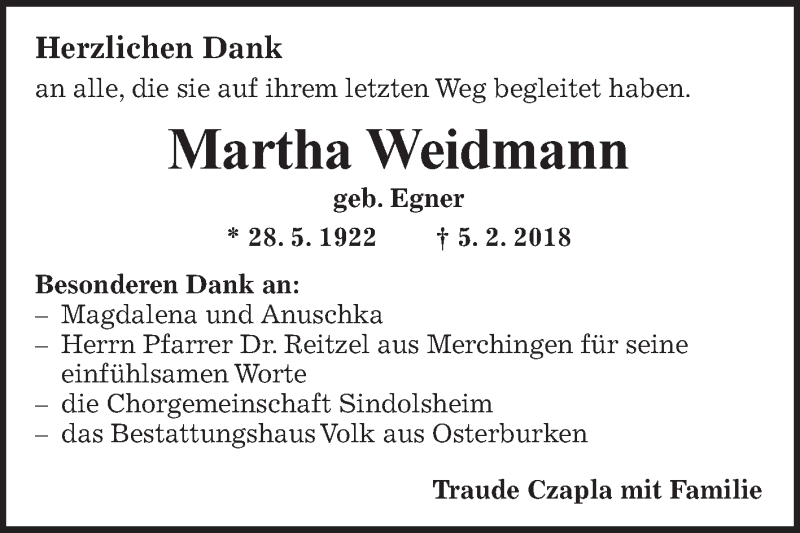  Traueranzeige für Martha Weidmann vom 21.02.2018 aus Fränkische Nachrichten