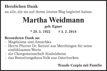 Traueranzeige von Martha Weidmann von Fränkische Nachrichten