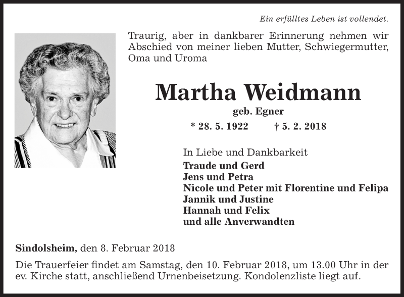  Traueranzeige für Martha Weidmann vom 08.02.2018 aus Fränkische Nachrichten