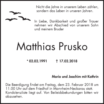 Traueranzeige von Matthias Prusko von Mannheimer Morgen