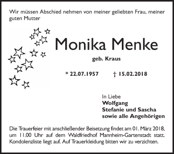 Traueranzeige von Monika Menke von Mannheimer Morgen