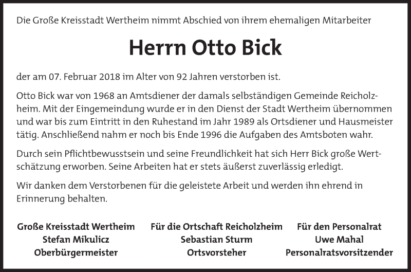  Traueranzeige für Otto Bick vom 13.02.2018 aus Fränkische Nachrichten