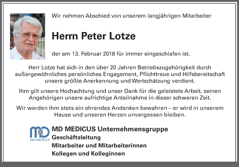  Traueranzeige für Peter Lotze vom 22.02.2018 aus Schwetzinger Zeitung