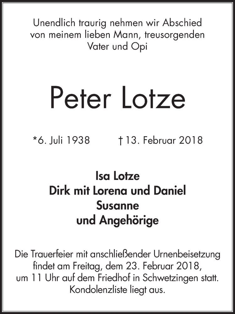  Traueranzeige für Peter Lotze vom 19.02.2018 aus Schwetzinger Zeitung