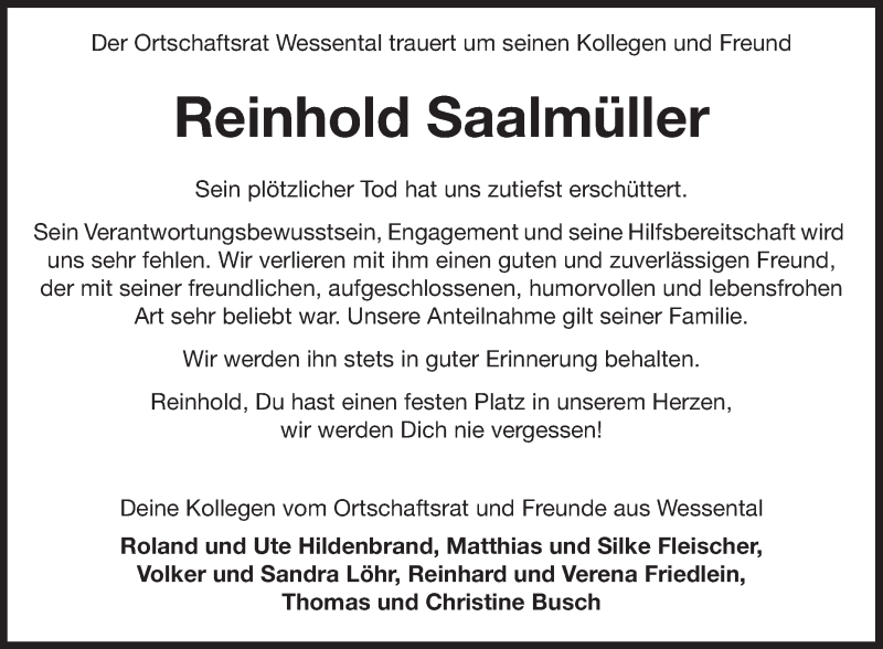  Traueranzeige für Reinhold Saalmüller vom 10.02.2018 aus Fränkische Nachrichten