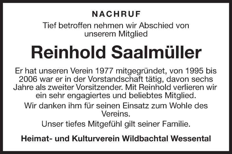  Traueranzeige für Reinhold Saalmüller vom 14.02.2018 aus Fränkische Nachrichten