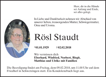 Traueranzeige von Rösl Staudt von Mannheimer Morgen / Schwetzinger Zeitung
