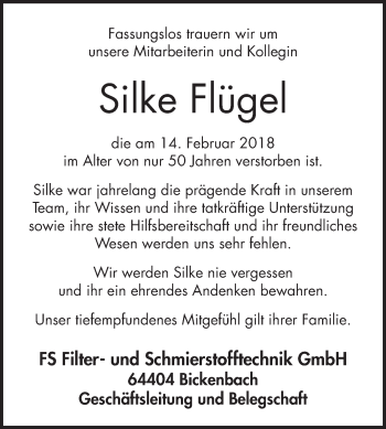 Traueranzeige von Silke Flügel von Bergsträßer Anzeiger