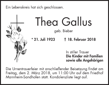 Traueranzeige von Thea Gallus von Mannheimer Morgen