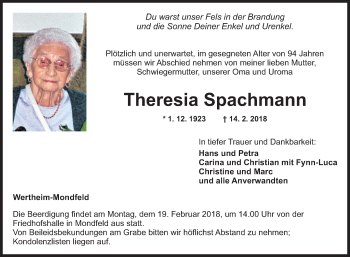 Traueranzeige von Theresia Spachmann von Fränkische Nachrichten