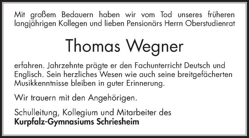 Traueranzeigen von Thomas Wegner | Trauerportal Ihrer Tageszeitung