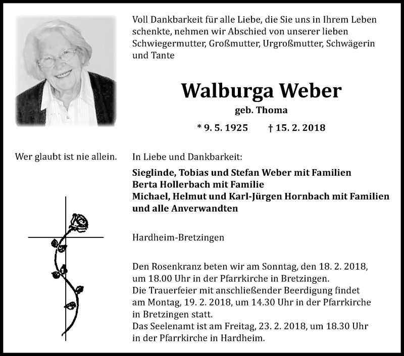  Traueranzeige für Walburga Weber vom 17.02.2018 aus Fränkische Nachrichten