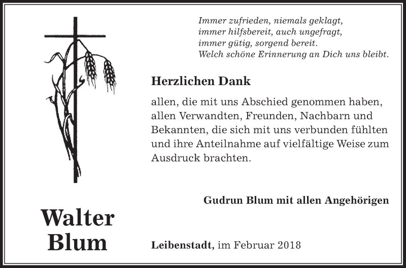  Traueranzeige für Walter Blum vom 26.02.2018 aus Fränkische Nachrichten