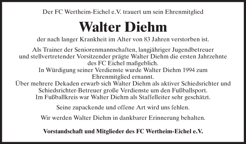  Traueranzeige für Walter Friedrich Diehm vom 15.02.2018 aus Fränkische Nachrichten