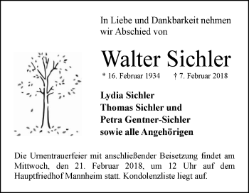 Traueranzeige von Walter Sichler von Mannheimer Morgen
